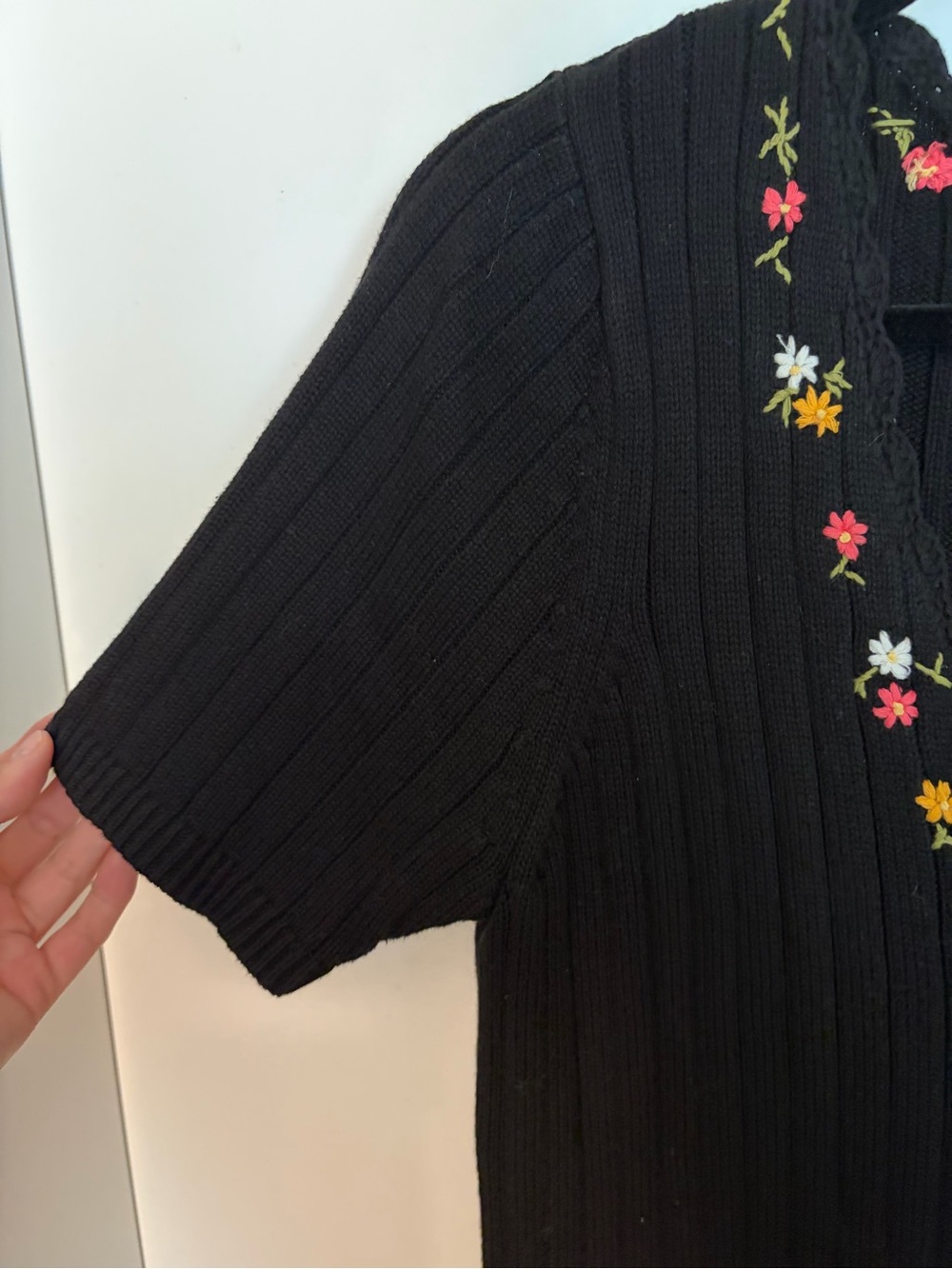Sezane Black Ribbed Knit Top with Floral Embroidery - Picture 4 of 6